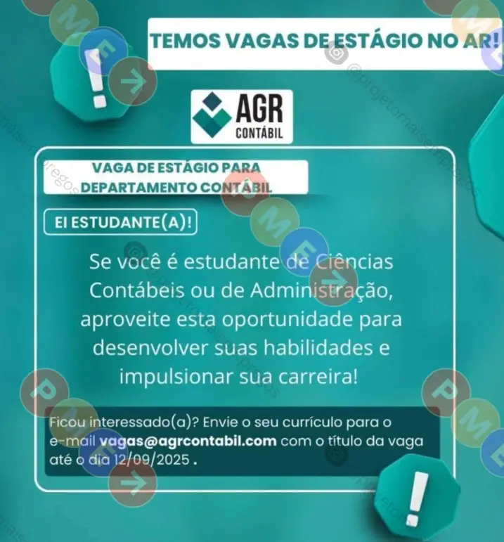 1 Vaga de emprego para Estágio Departamento Contábil sem experiência na empresa AGR Contábil em 10/09