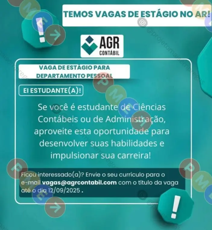 1 Vaga de emprego para Estágio Departamento Pessoal sem experiência na empresa AGR Contábil em 10/09