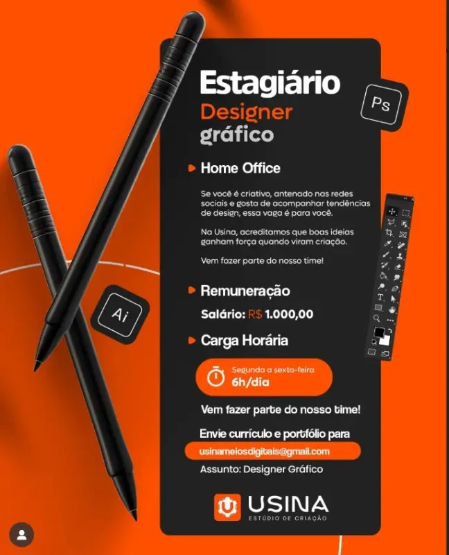 1 Vaga de emprego para Estagiário De Designer Gráfico sem experiência na empresa Usina Estúdio de Criação em 08/09