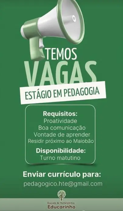 1 Vaga de emprego para Estágio De Pedagogia sem experiência na empresa Escola e Hotelzinho Educarinho em 10/09