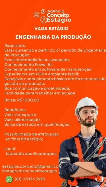 1 Vaga de emprego para Estagiário De Engenharia De Produção na empresa Agência Conceito Estágio em 09/09