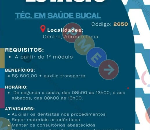 1 Vaga de emprego para Estágio De Técnico De Saúde Bucal sem experiência na empresa NUDEP em 10/09