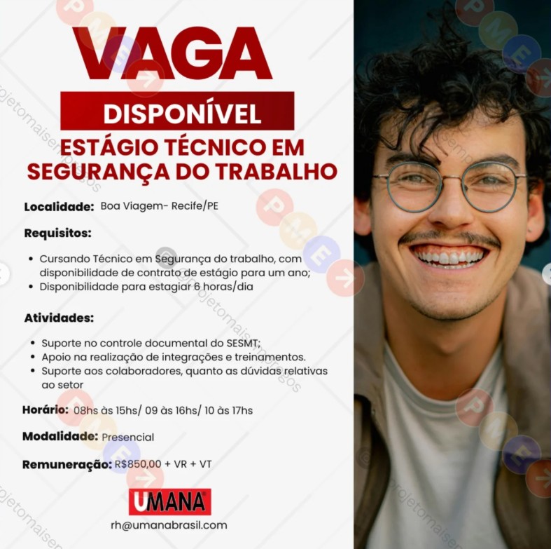 1 Vaga de emprego para Estágio Técnico De Segurança Do Trabalho sem experiência na empresa Umana em 19/09