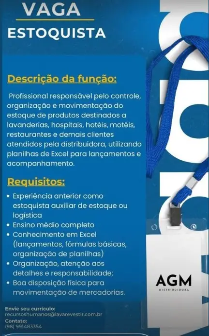 1 Vaga de emprego para Estoquista na empresa AGM em 11/09