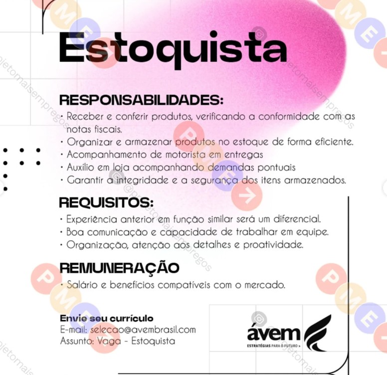 1 Vaga de emprego para Estoquista sem experiência na empresa Ávem em 27/09