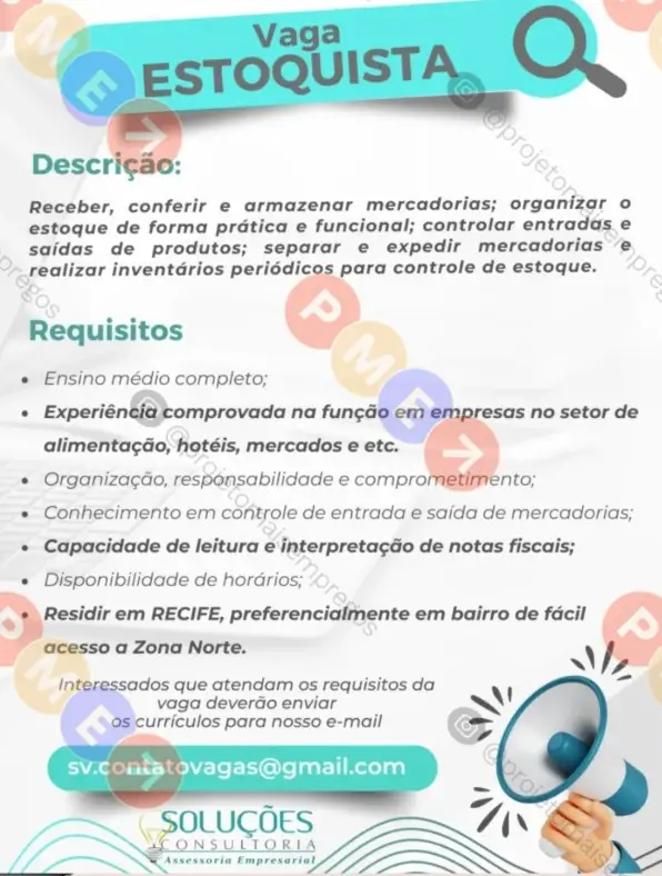 1 Vaga de emprego para Estoquista na empresa Soluções Consultoria em 10/09