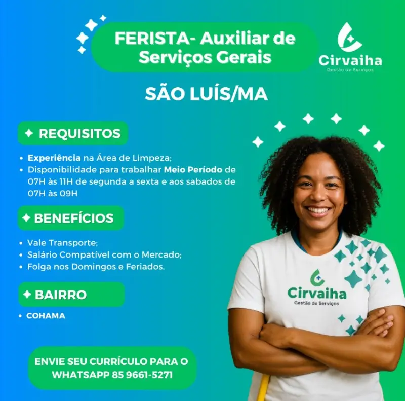 1 Vaga de emprego para Ferista Auxiliar De Serviços Gerais na empresa Cirvaiha em 10/09