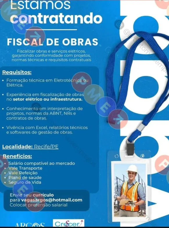 1 Vaga de emprego para Fiscal De Obras na empresa Argos em 10/09
