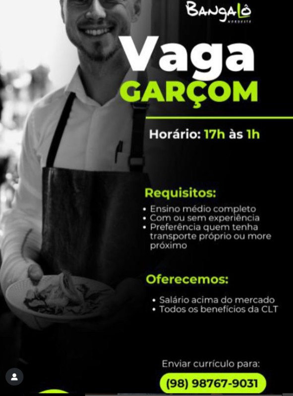 1 Vaga de emprego para Garçom sem experiência na empresa Restaurante Bangalô em 12/09