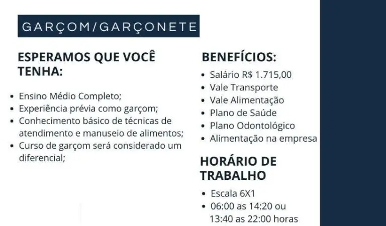 1 Vaga de emprego para Garçom na empresa Pensare Gestão de Pessoas em 09/09
