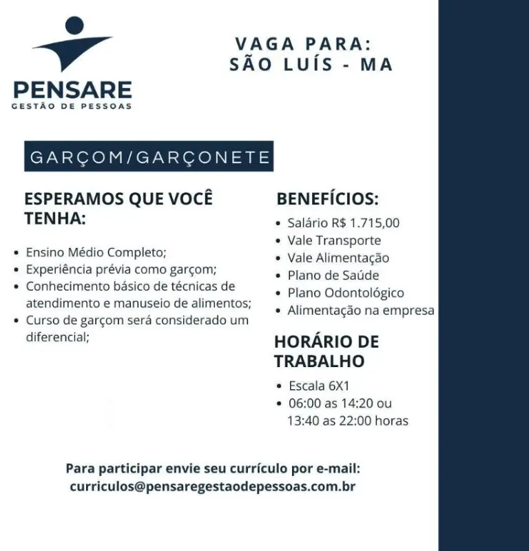 1 Vaga de emprego para Garçom na empresa Pensare Gestão de Pessoas em 09/09