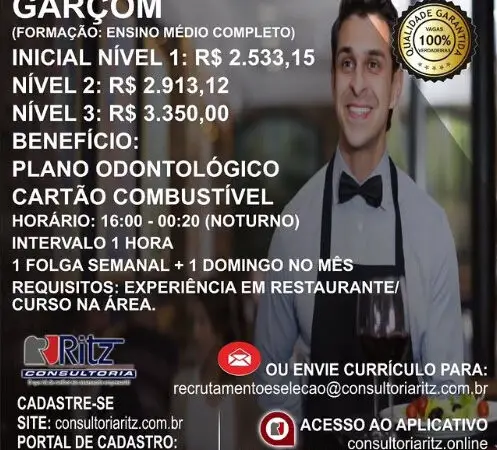 1 Vaga de emprego para Garçom na empresa Ritz Consultoria em 09/09