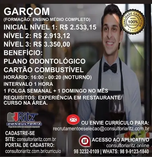 1 Vaga de emprego para Garçom na empresa Ritz Consultoria em 09/09