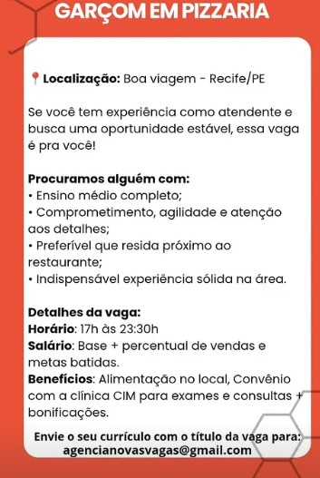 1 Vaga de emprego para Garçom no Segmento alimentício em 24/09
