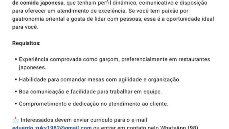 1 Vaga de emprego para Garçom na empresa Restaurante Zuky em 09/09
