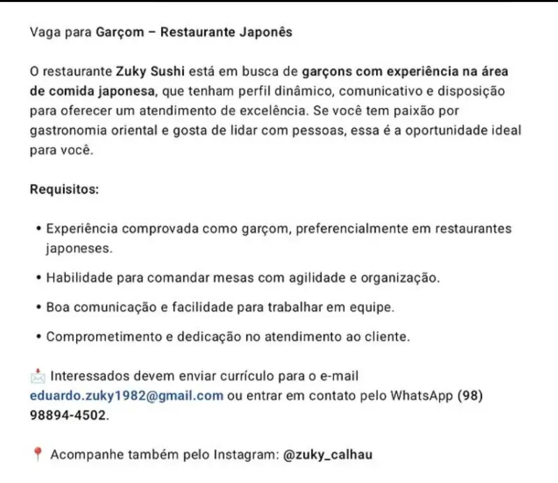 1 Vaga de emprego para Garçom na empresa Restaurante Zuky em 09/09