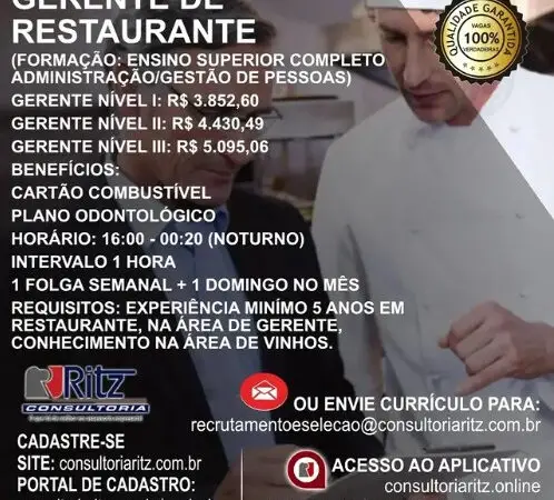 1 Vaga de emprego para Gerente De Restaurante na empresa Ritz Consultoria em 10/09