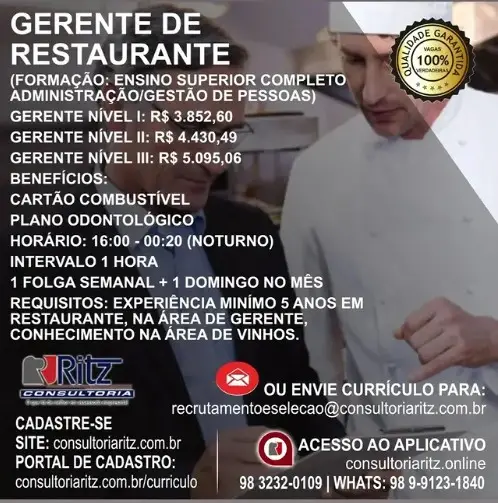1 Vaga de emprego para Gerente De Restaurante na empresa Ritz Consultoria em 10/09