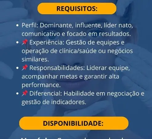 1 Vaga de emprego para Gerente no Segmento de clínica em 11/09