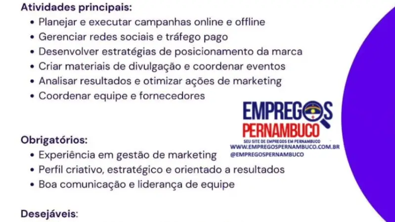 1 Vaga de emprego para Gestor no Segmento de marketing em 08/09