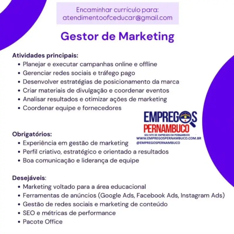 1 Vaga de emprego para Gestor no Segmento de marketing em 08/09
