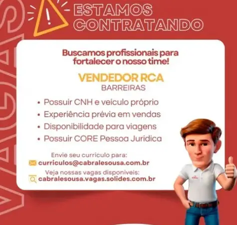 1 Vaga de emprego para Vendedor Rca na empresa Cabral e Sousa em 06/09