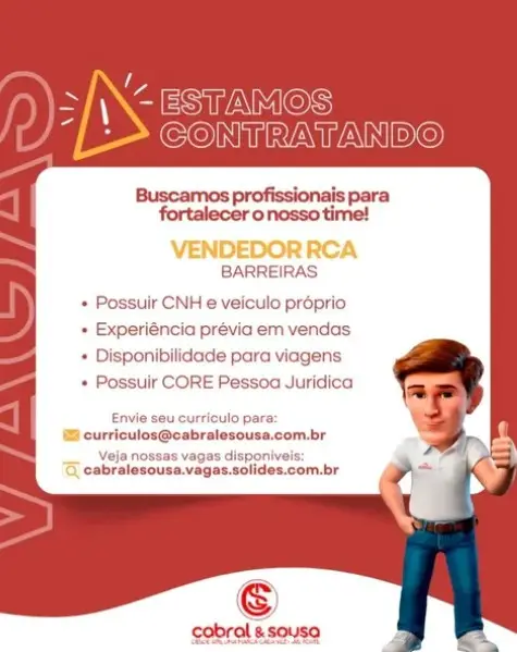 1 Vaga de emprego para Vendedor Rca na empresa Cabral e Sousa em 06/09