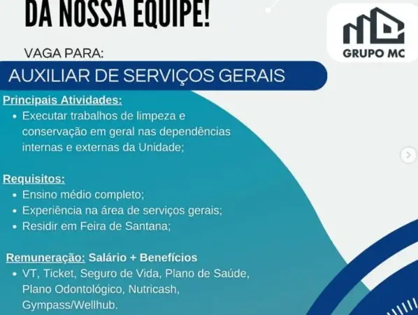 1 Vaga de emprego para Auxiliar De Serviços Gerais na empresa Grupo MC / Fiat Jacuípe em 06/09