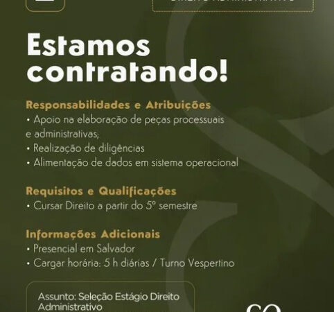1 Vaga de emprego para Estágio Direito Administrativo na empresa Castro Oliveira Advogados em 06/09