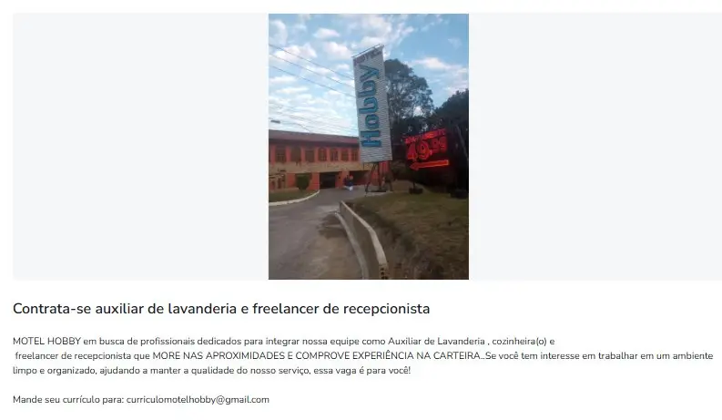 3 Vagas de emprego para Recepcionista, Auxiliar De Lavanderia E Cozinheiro A na empresa Motel Hobby em 06/09