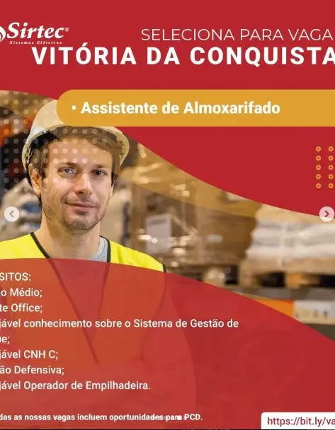 1 Vaga de emprego para Assistente De Almoxarifado na empresa Sirtec® em 06/09
