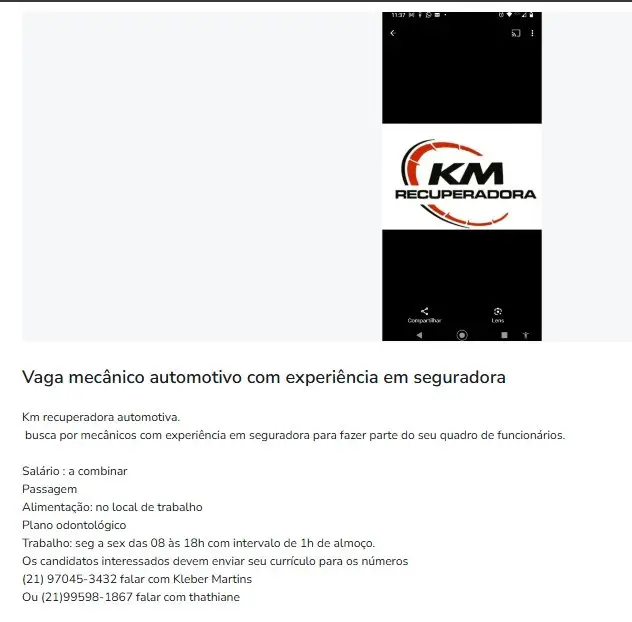 1 Vaga de emprego para Mecânico Auutomotivo na empresa Recuperadora em 06/09