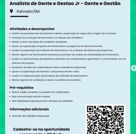 1 Vaga de emprego para Analista De Gente E Gestao Jr Gente E Gestão na empresa ZARNS em 06/09