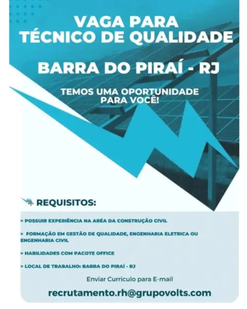 1 Vaga de emprego para Técnico De Qualidade na empresa Grupo Volts em 06/09