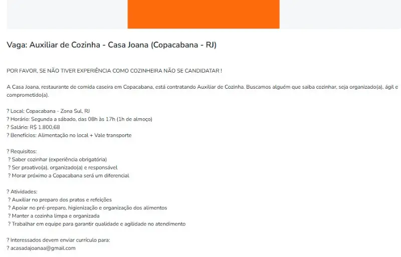 1 Vaga de emprego para Auxiliar De Cozinha na empresa Casa Joana em 06/09