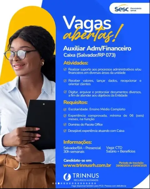 3 Vagas de emprego para Auxiliar Adm Financeiro Caixa na empresa SESC em 06/09