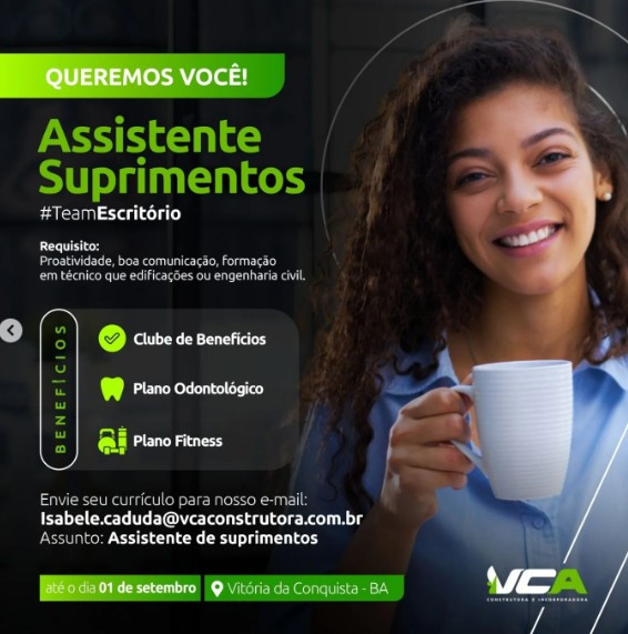 1 Vaga de emprego para Assistente Suprimentos na empresa VCA Construtora em 06/09