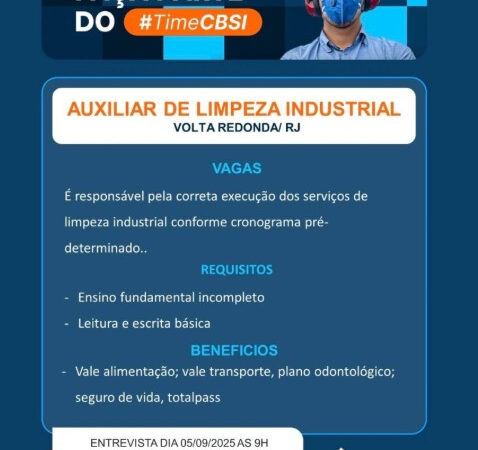 1 Vaga de emprego para Auxiliar De Limpeza Industrial na empresa CBSI em 06/09