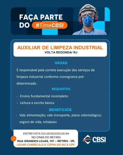1 Vaga de emprego para Auxiliar De Limpeza Industrial na empresa CBSI em 06/09