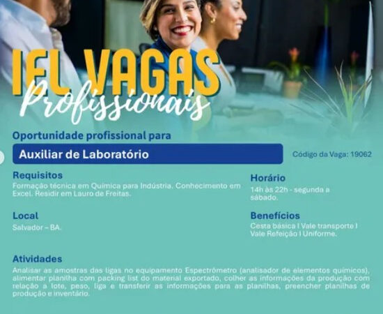 1 Vaga de emprego para Auxiliar De Laboratório na empresa IEL em 06/09