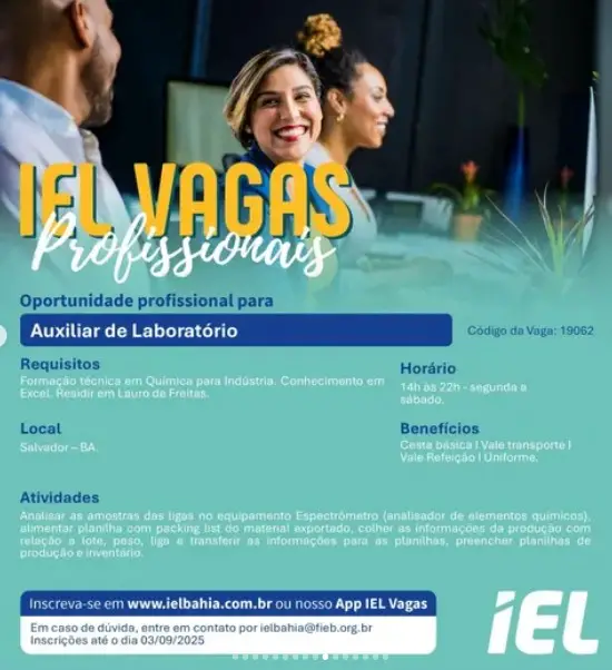 1 Vaga de emprego para Auxiliar De Laboratório na empresa IEL em 06/09