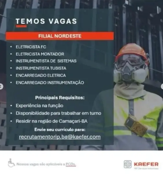 6 Vagas de emprego para Eletricista Fc, Eletrecista Montador, Instrumentista De Sistemas, Instrumentista Tubista, Encarregado Elétrica, Encarregado Instrumentação na empresa KAEFER em 06/09