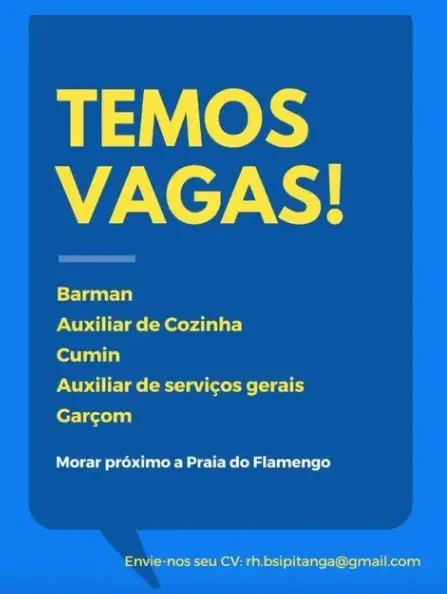 5 Vagas de emprego para Barman , Auxiliar De Cozinha, Cumin, Auxiliar De Serviços Gerais,garçom no Bairro Praia do Flamengo em 06/09
