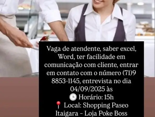1 Vaga de emprego para Atendente na empresa Shopping Paseo em 06/09