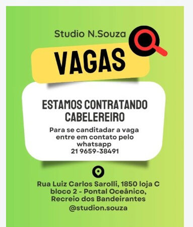 1 Vaga de emprego para Cabeleireiro na empresa Studio N Souza em 06/09