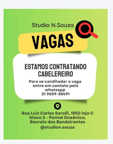 1 Vaga de emprego para Cabeleireiro na empresa Studio N Souza em 06/09