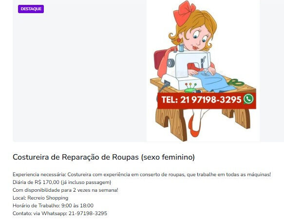 1 Vaga de emprego para Costureira De Reparação De Roupas na Cidade Rio de Janeiro em 06/09