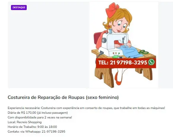 1 Vaga de emprego para Costureira De Reparação De Roupas na Cidade Rio de Janeiro em 06/09