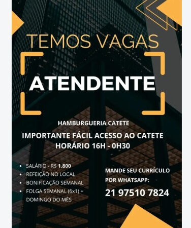 1 Vaga de emprego para Atendente na empresa Hamburgueria Catete em 06/09