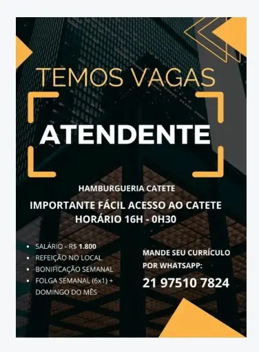 1 Vaga de emprego para Atendente na empresa Hamburgueria Catete em 06/09